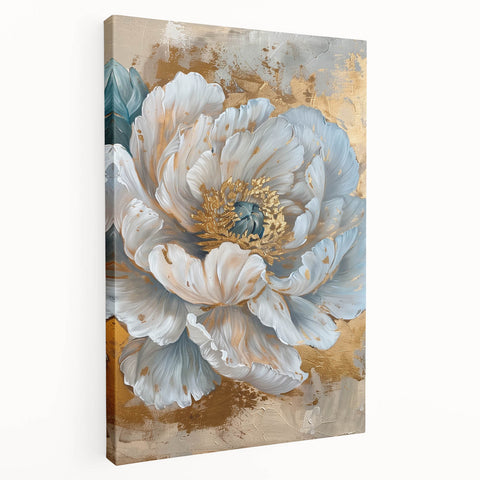 Stretched canvas wall art displaying a vibrant botanical peony design with soft pink and green hues, showcasing intricate floral details and an elegant side view. Perfect for enhancing home decor and creating a serene atmosphere.
