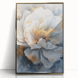 Framed botanical wall art featuring a delicate peony design in soft pink and white hues, highlighted with an elegant gold frame, perfect for home decor.