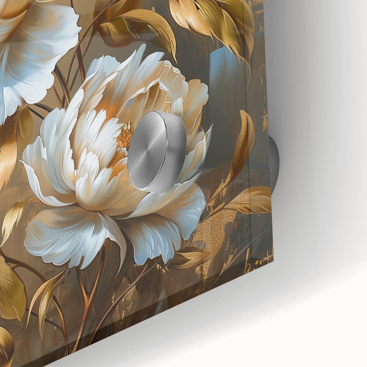 Close-up of a botanical peony wall art design, showcasing vibrant pink and white flowers with intricate details, framed in acrylic glass for a modern aesthetic. Ideal for enhancing home decor with a touch of nature.