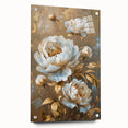 Botanical wall art featuring a peony design in acrylic glass, elegantly displayed with pins on a textured surface, adding a touch of floral elegance to any decor.