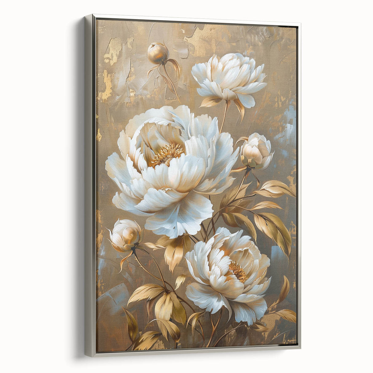 Framed canvas wall art showcasing a botanical peony design in soft pink and green hues, elegantly displayed with a silver frame, perfect for enhancing home decor.