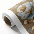 Vibrant botanical peony wall art design printed on rolled canvas, showcasing intricate floral details and soft pastel colors, ideal for home decor.