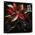 Stunning botanical wall art featuring a vibrant poinsettia design, displayed in acrylic glass with a side view, showcasing intricate floral details and elegant pins for mounting. This eye-catching decor piece adds a touch of nature-inspired elegance to any space.