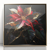 Framed botanical wall art featuring a vibrant poinsettia design in rich red and green tones, set in an elegant gold frame, perfect for holiday decor.