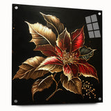 Close-up of a botanical wall art piece featuring a vibrant poinsettia design, displayed in a sleek acrylic frame with pins, highlighting intricate floral details and colors.