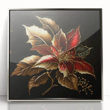Framed acrylic wall art featuring a vibrant botanical poinsettia design in silver tones, showcasing intricate floral details perfect for home decor.