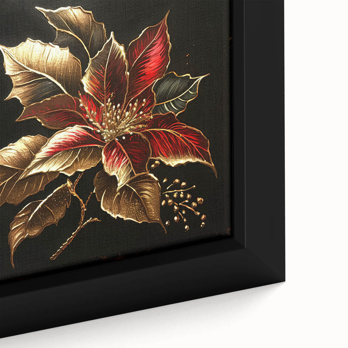 Close-up of a framed canvas featuring a vibrant botanical poinsettia design, showcasing rich red and green colors, perfect for home decor or holiday themes.