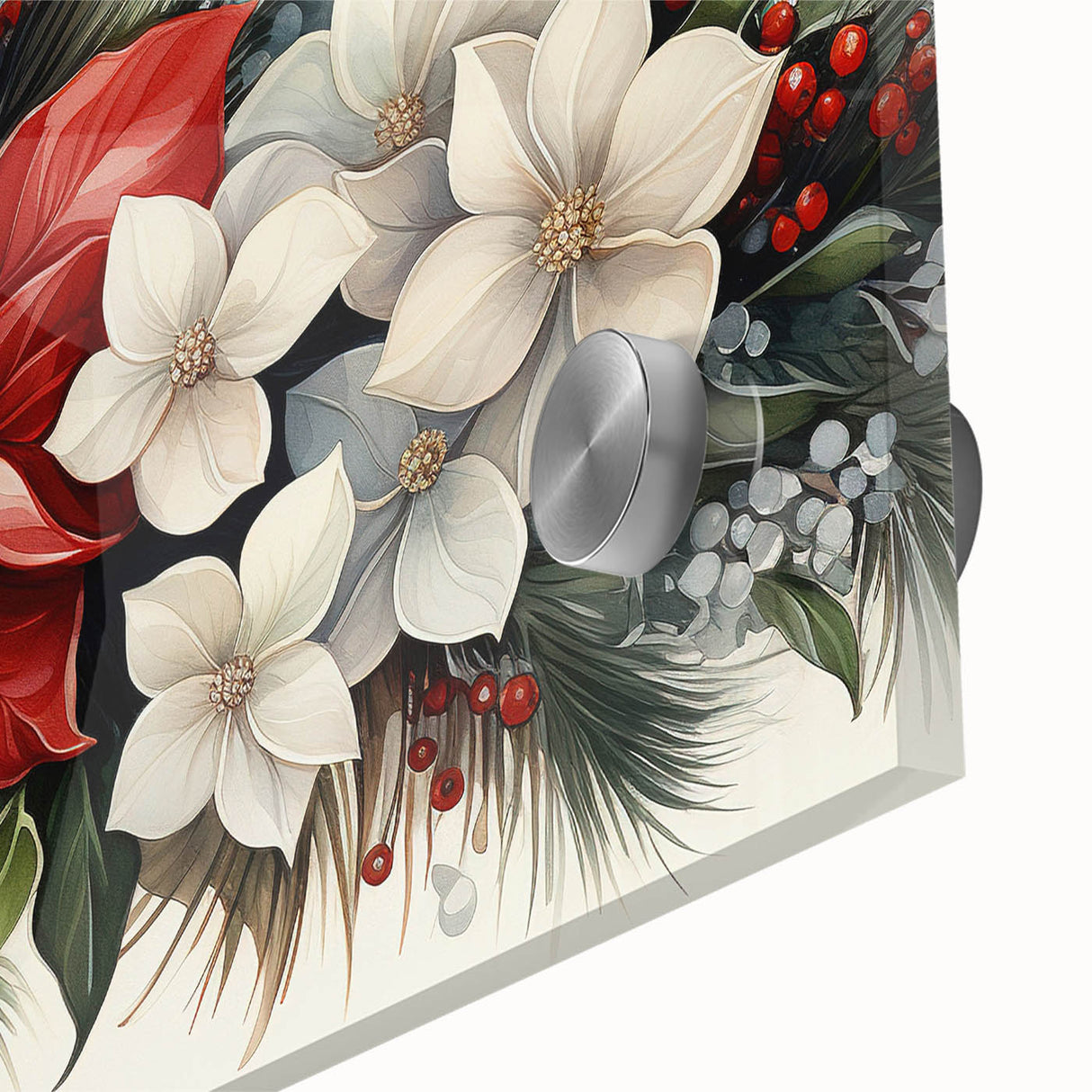 Close-up of a vibrant botanical Poinsettia wall art design, showcasing intricate details and vivid colors on acrylic glass, perfect for home decor.