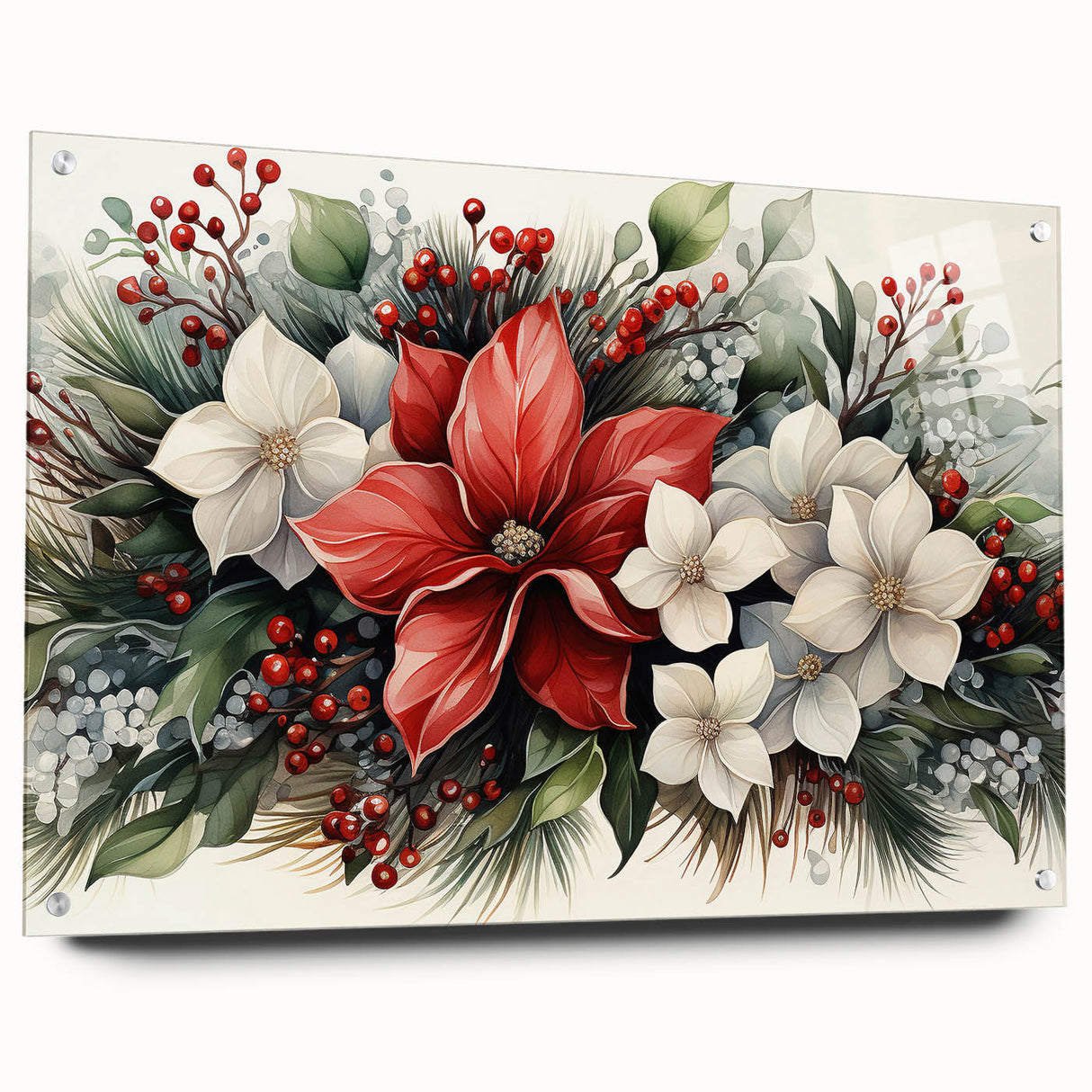 Acrylic glass wall art featuring a vibrant botanical poinsettia design, displayed in a side view with pins, perfect for home decor and festive aesthetics.