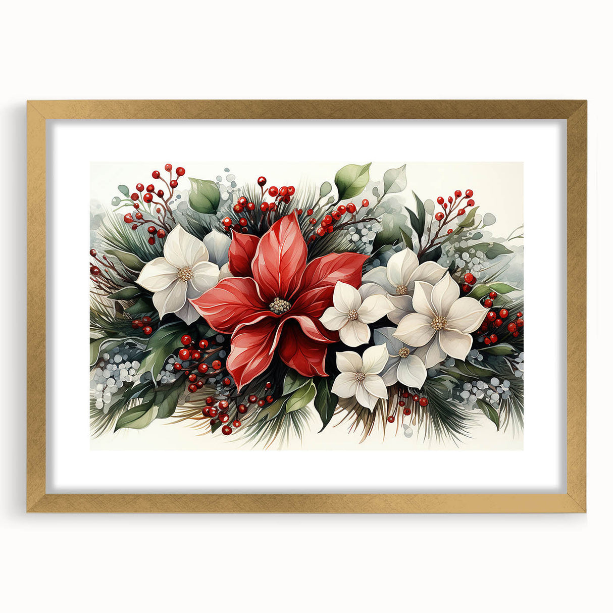 Botanical wall art featuring a vibrant poinsettia design in a gold-framed matte finish, perfect for enhancing home decor with a touch of elegance.