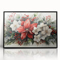 Framed wall art showcasing a detailed botanical design of a vibrant red poinsettia against a sleek black background, perfect for holiday decor or floral enthusiasts.