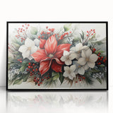 Framed wall art showcasing a detailed botanical design of a vibrant red poinsettia against a sleek black background, perfect for holiday decor or floral enthusiasts.