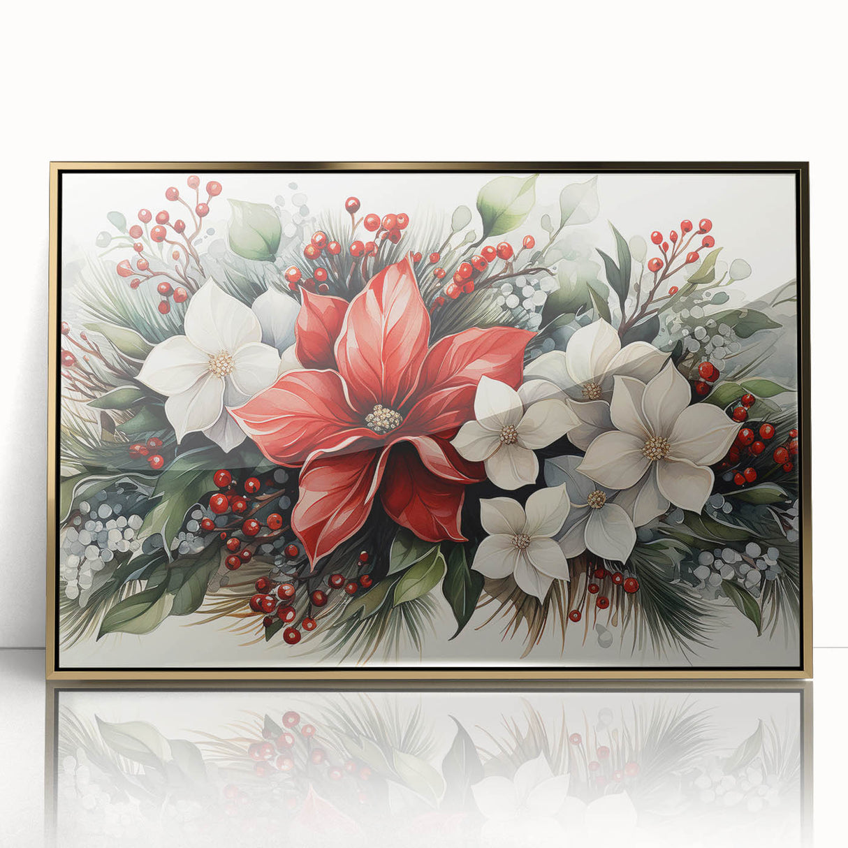 Framed botanical wall art featuring a vibrant poinsettia design in gold and green hues, perfect for enhancing home decor with a touch of nature.