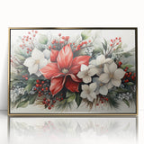 Framed botanical wall art featuring a vibrant poinsettia design in gold and green hues, perfect for enhancing home decor with a touch of nature.