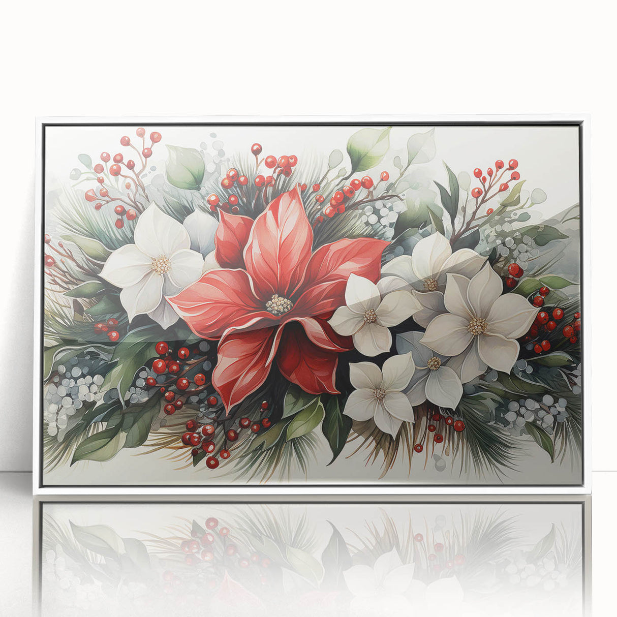 Framed botanical wall art featuring a vibrant red poinsettia design, set against a clean white background, perfect for adding a festive touch to home decor.