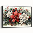 Framed canvas wall art featuring a botanical poinsettia design in vibrant colors, presented in a sleek black frame, showcasing intricate floral details and textures. Perfect for home decor enthusiasts seeking elegant nature-inspired artwork.