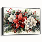 Framed canvas wall art featuring a botanical poinsettia design in vibrant colors, presented in a sleek black frame, showcasing intricate floral details and textures. Perfect for home decor enthusiasts seeking elegant nature-inspired artwork.