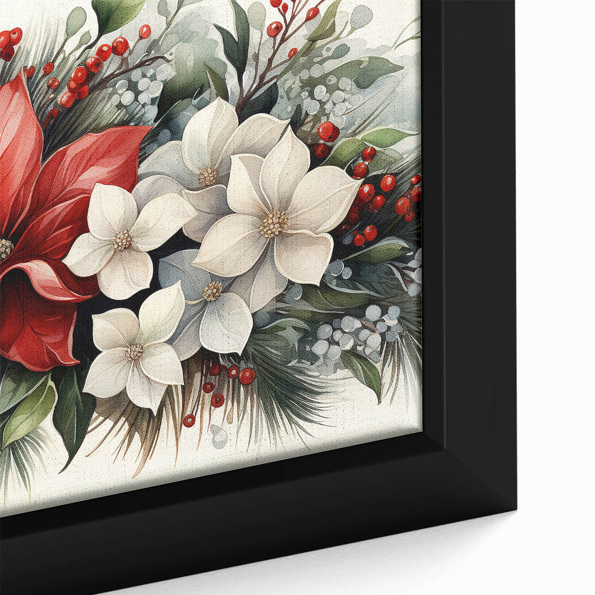 Close-up of a framed botanical poinsettia wall art piece, showcasing vibrant red and green hues on canvas, perfect for festive home decor or seasonal accents.