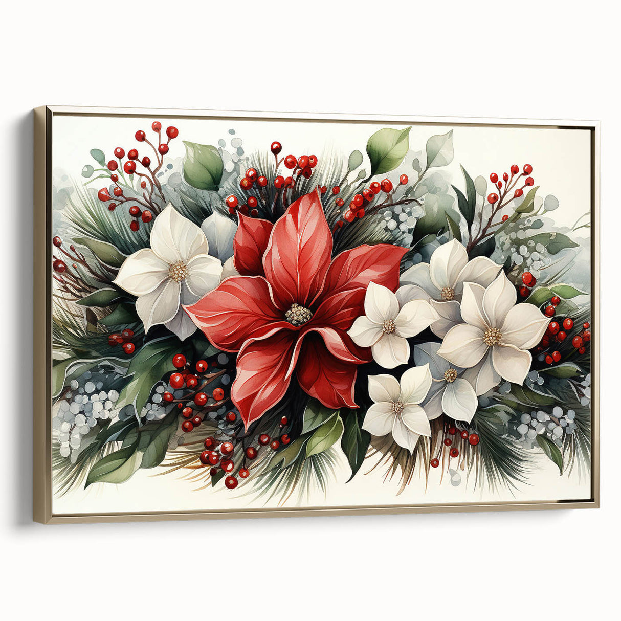 Framed canvas wall art showcasing a botanical poinsettia design in vibrant colors, featuring a gold frame and side view, perfect for home decor or gifting.