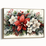Framed canvas wall art showcasing a botanical poinsettia design in vibrant colors, featuring a gold frame and side view, perfect for home decor or gifting.