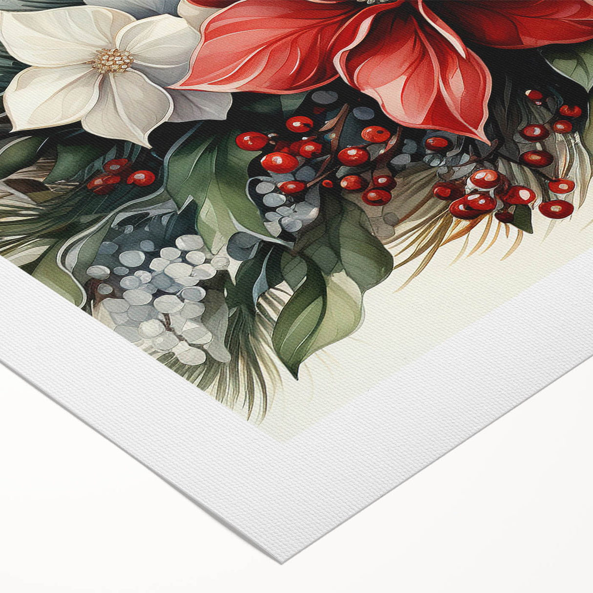 Vibrant botanical wall art featuring a poinsettia design, showcasing rich colors and intricate details on rolled canvas, perfect for home decor enhancement.