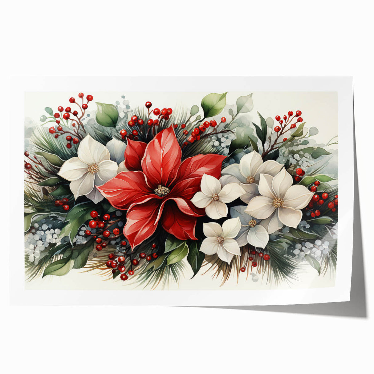 Botanical wall art print featuring a vibrant poinsettia design in rich reds and greens, rolled for easy display and shipping, perfect for seasonal décor.