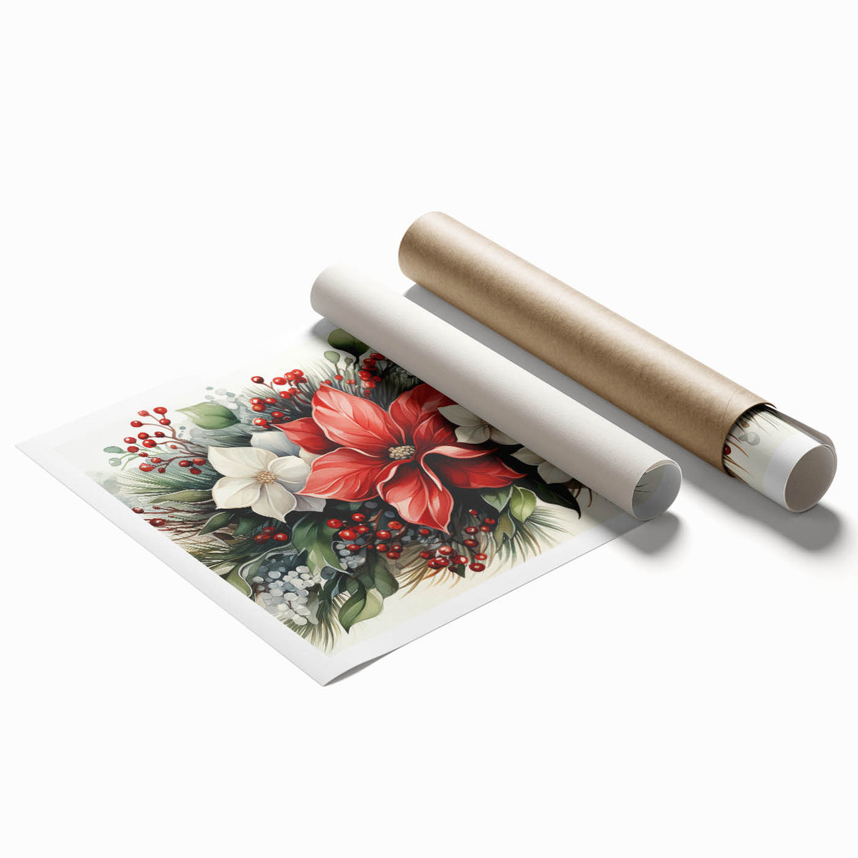 Vibrant botanical poinsettia wall art print showcasing rich red and green colors, elegantly rolled and ready for display in a stylish home decor setting. Perfect for adding a festive touch to any space.