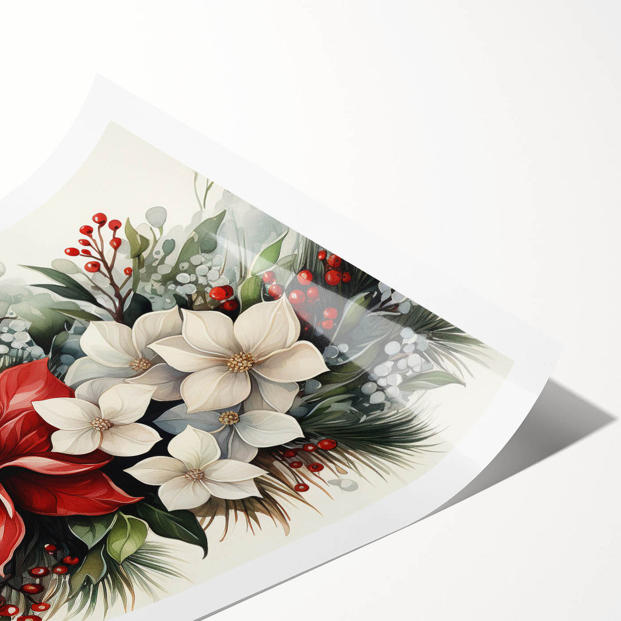 Vibrant botanical poinsettia design wall art print rolled up in a protective tube, showcasing intricate floral details and rich colors, perfect for home decor.
