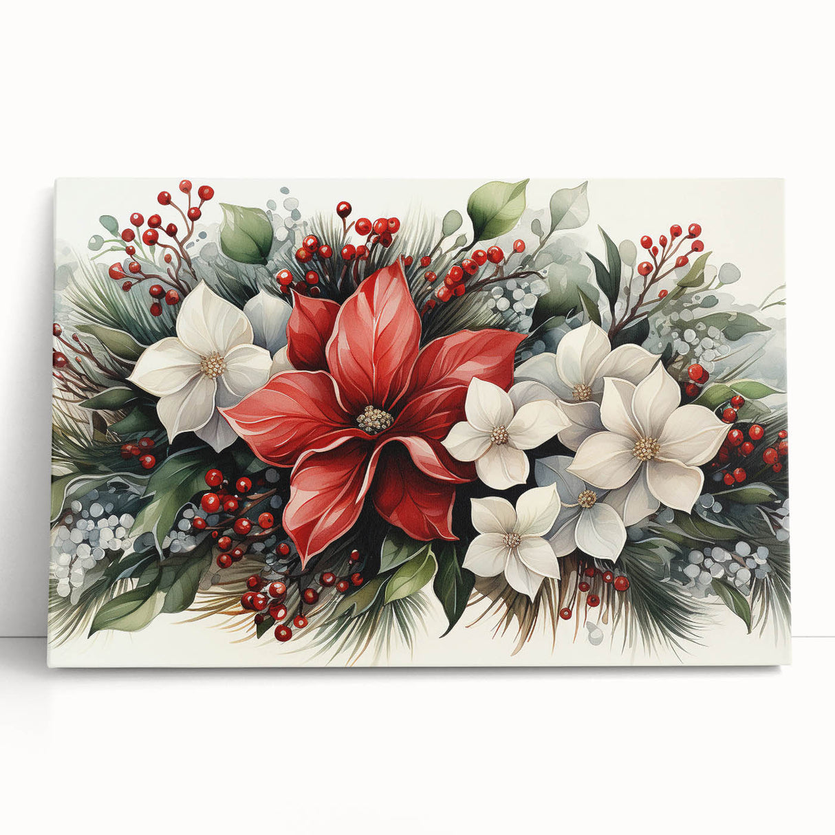 Vibrant wall art featuring a botanical poinsettia design on stretched canvas, showcasing rich colors and intricate details, perfect for home decor or seasonal decoration.