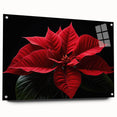 Elegant botanical wall art featuring a vibrant poinsettia design under acrylic glass, showcasing a side view with decorative pins for display. Perfect for home decor.