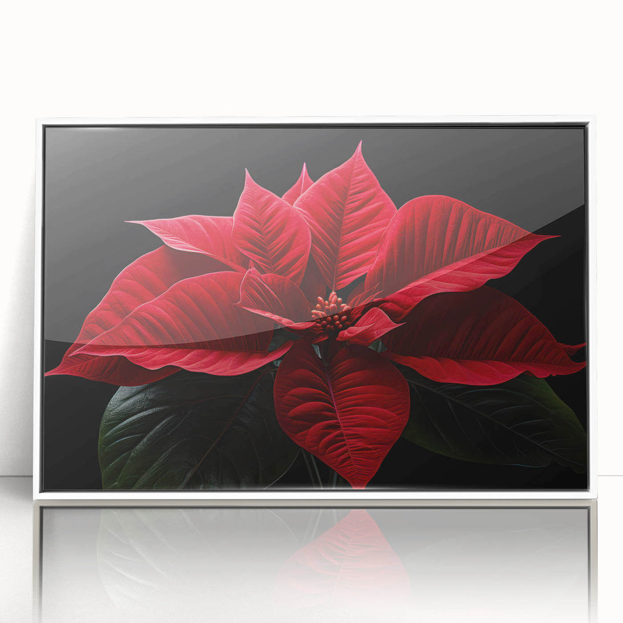 Framed botanical wall art featuring a vibrant poinsettia design in rich red and green hues, set against a clean white background, perfect for holiday decor.