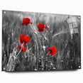 Acrylic glass wall art showcasing a vibrant poppy botanical design, elegantly displayed from the side with mounting pins, perfect for modern decor.