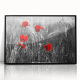 Framed wall art featuring a botanical poppy design with vibrant colors and intricate details, displayed in a sleek black frame, perfect for home decor.