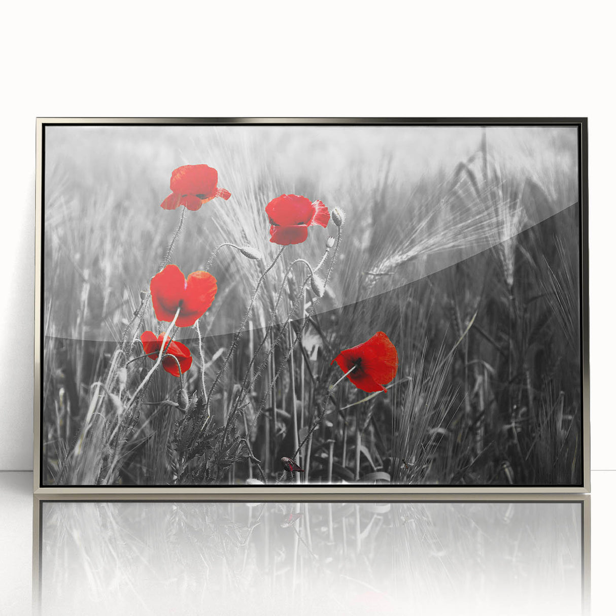 Framed botanical wall art featuring a vibrant poppy design in rich colors, set in a silver frame, perfect for enhancing modern home decor.