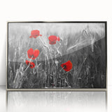 Framed botanical wall art featuring a vibrant poppy design in rich colors, set in a silver frame, perfect for enhancing modern home decor.