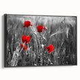 Framed canvas wall art featuring a vibrant botanical poppy design, set against a sleek black background, showcasing the artwork from a side view for depth and dimension.