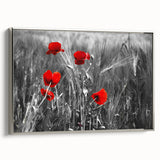 Framed canvas wall art featuring a botanical poppy design with a silver frame, showcasing vibrant colors and intricate floral details, perfect for home decor.