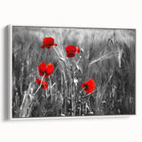 Framed canvas wall art featuring a vibrant botanical poppy design in white, showcasing detailed floral illustrations, perfect for home decor and nature enthusiasts.