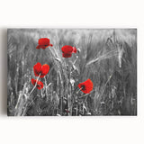 Vibrant stretched canvas artwork featuring a botanical poppy design, showcasing intricate floral details and a bold color palette, perfect for enhancing home decor.
