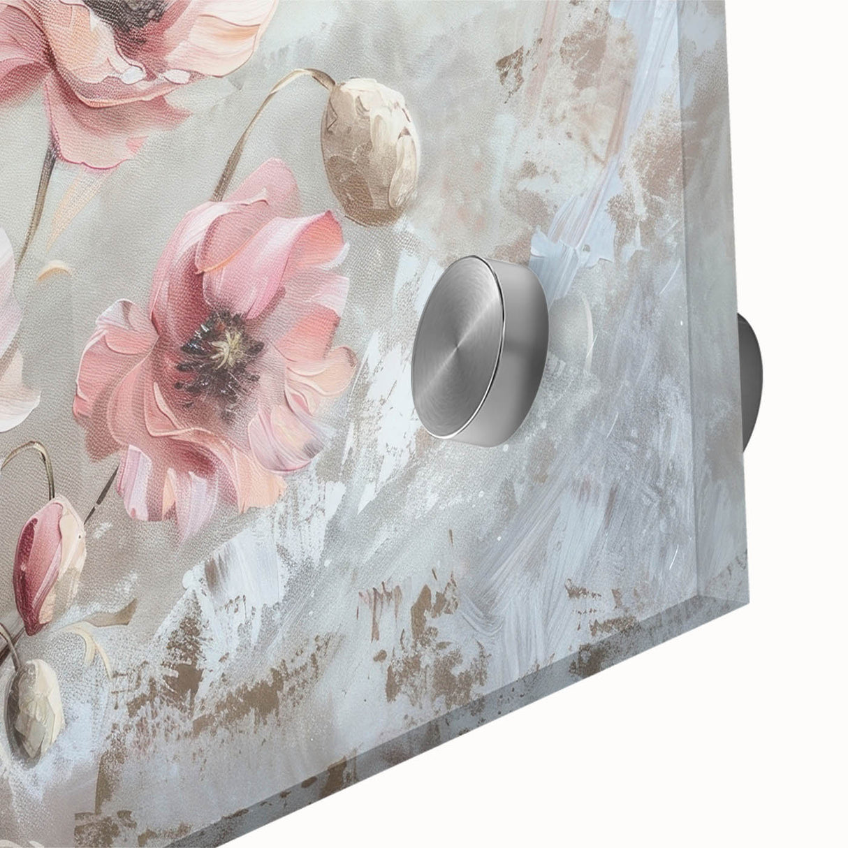 Close-up of a vibrant botanical wall art piece showcasing a detailed poppy flower design printed on acrylic glass, perfect for modern home decor. The vivid colors and intricate details enhance any living space, making it a stunning focal point.