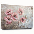 Acrylic glass wall art display featuring a vibrant botanical poppy design, elegantly pinned to the wall, showcasing bright colors and intricate details for a modern home décor accent.