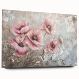 Acrylic glass wall art display featuring a vibrant botanical poppy design, elegantly pinned to the wall, showcasing bright colors and intricate details for a modern home décor accent.