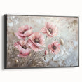 Framed canvas wall art featuring a vibrant botanical poppy design on black background, showcasing intricate flower details and elegant side view for home decor enhancement.