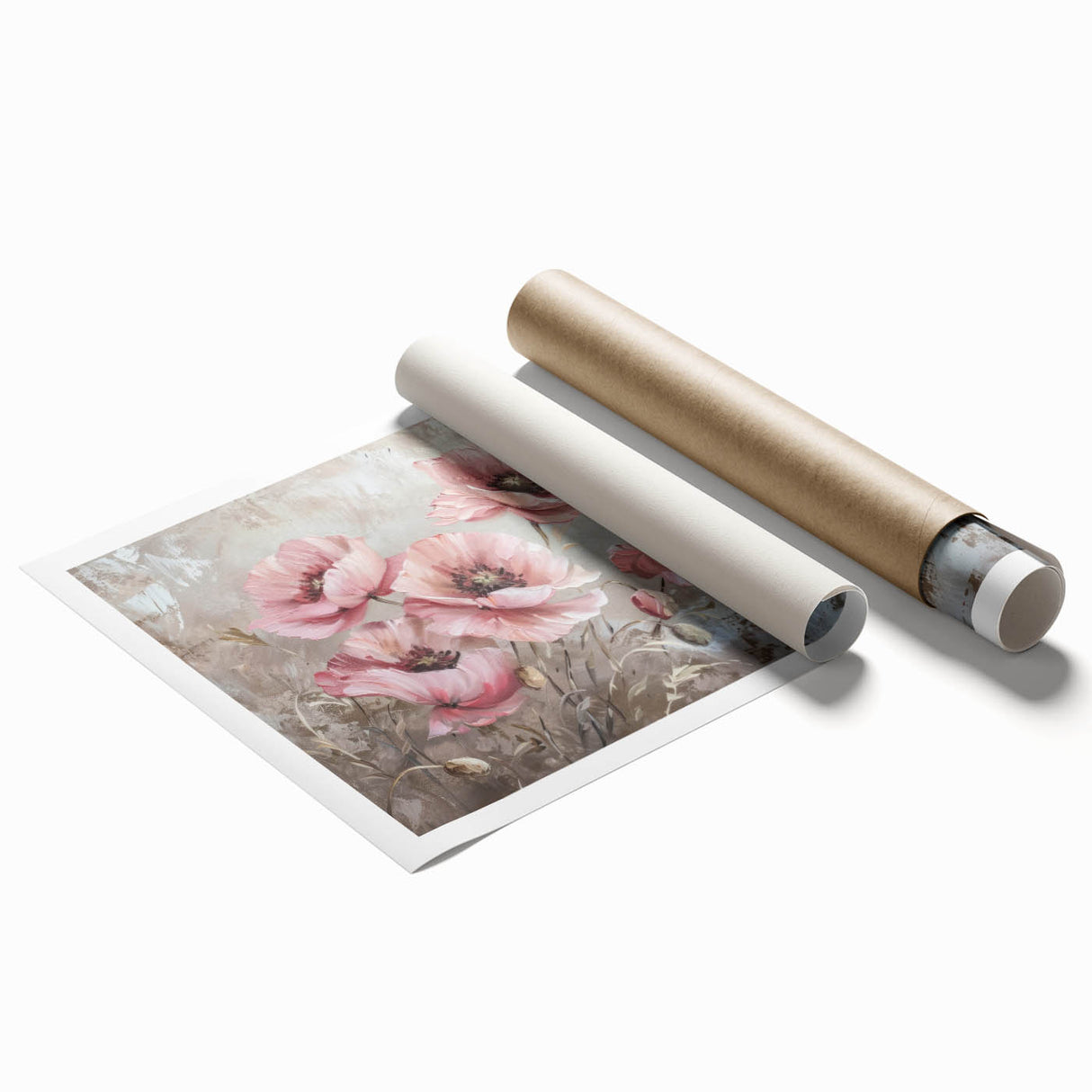 Vibrant botanical poppy wall art print showcasing intricate floral designs in bold colors, ideal for home decor, elegantly rolled for easy display and shipping.