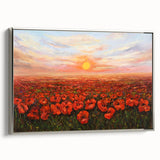 Framed botanical wall art featuring a vibrant poppy design on canvas, showcasing intricate details and a sleek silver frame from the side view, perfect for home decor.
