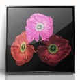 Framed wall art featuring a botanical poppy design on a black background, showcasing vibrant colors and intricate details, adding elegance to any space.