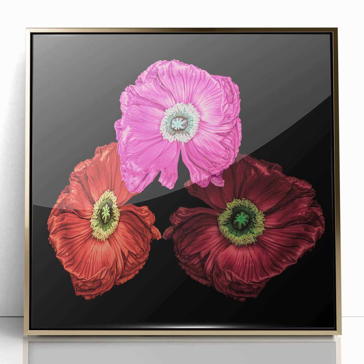 Framed botanical wall art featuring a vibrant poppy design in gold-acrylic frame, showcasing intricate floral details against a soft background, ideal for elegant home decor.