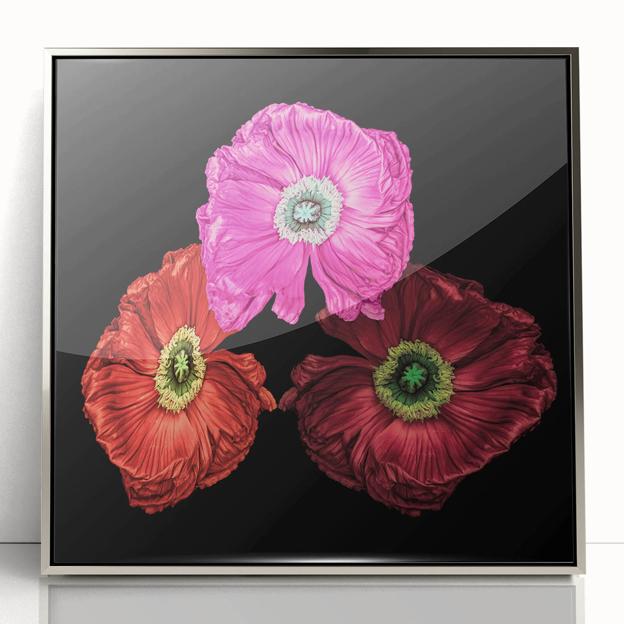 Framed acrylic wall art featuring a vibrant botanical poppy design in silver, showcasing intricate details and colors, perfect for home decor enhancement.
