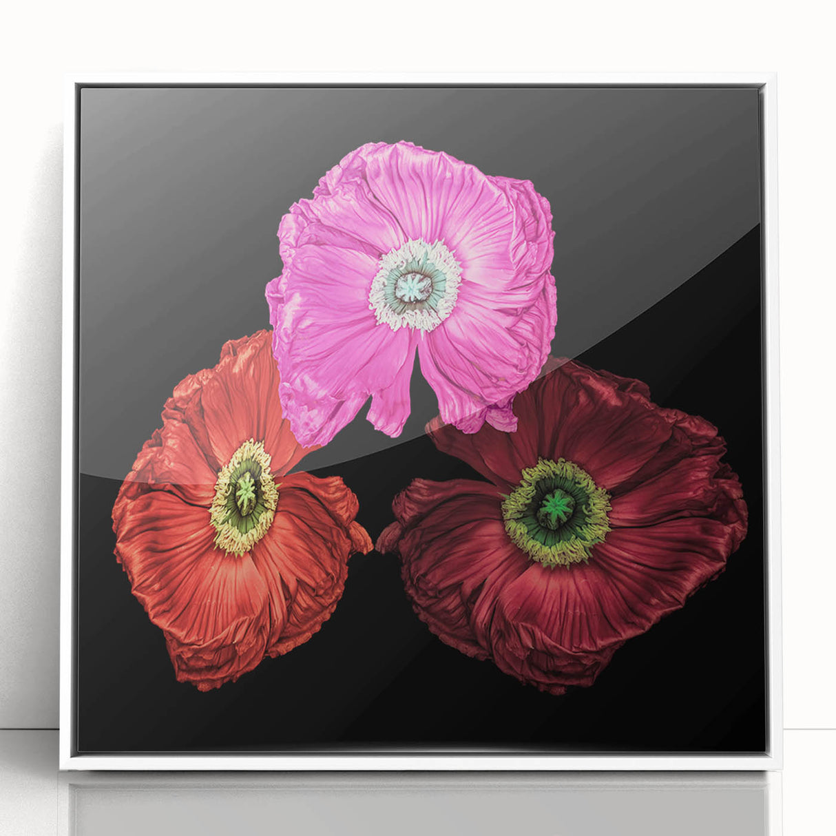 Framed botanical wall art featuring a vibrant poppy design, set against a sleek white background, ideal for enhancing modern home decor and adding a touch of nature.