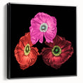 Framed canvas featuring a botanical poppy design in vibrant colors, showcased from the side to highlight its black frame, ideal for modern decor.